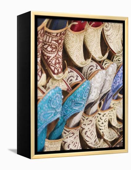 Curly Toed Slippers for Sale in Bur Dubai Souk, Dubai, United Arab Emirates, Middle East-Amanda Hall-Framed Premier Image Canvas