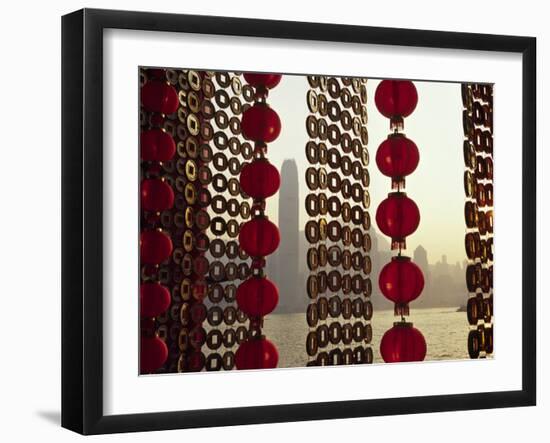 Curtain of Chinese New Year Decorations Frame Victoria Harbour from Tsim Sha Tsui, in Hong Kong-Andrew Watson-Framed Photographic Print