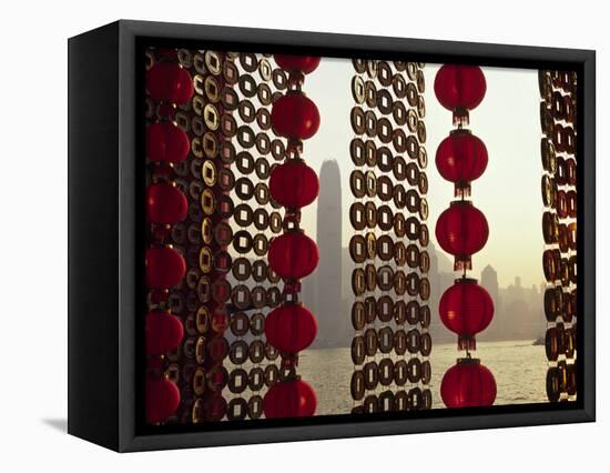 Curtain of Chinese New Year Decorations Frame Victoria Harbour from Tsim Sha Tsui, in Hong Kong-Andrew Watson-Framed Premier Image Canvas