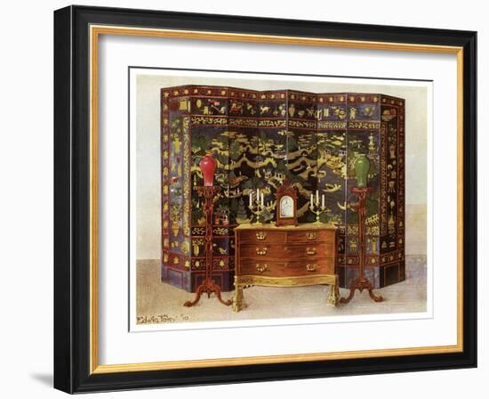 Curved Commode Table and Chinese Lacquered Eight Fold Screen, 1911-1912-Edwin Foley-Framed Giclee Print