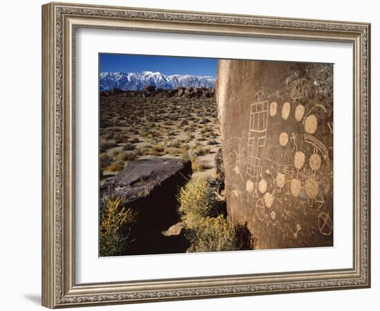 Curvilinear Abstract-Style Petroglyphs and Eastern Sierra Mountains, Bishop, California, Usa-Dennis Flaherty-Framed Photographic Print