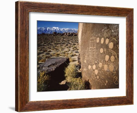 Curvilinear Abstract-Style Petroglyphs and Eastern Sierra Mountains, Bishop, California, Usa-Dennis Flaherty-Framed Photographic Print