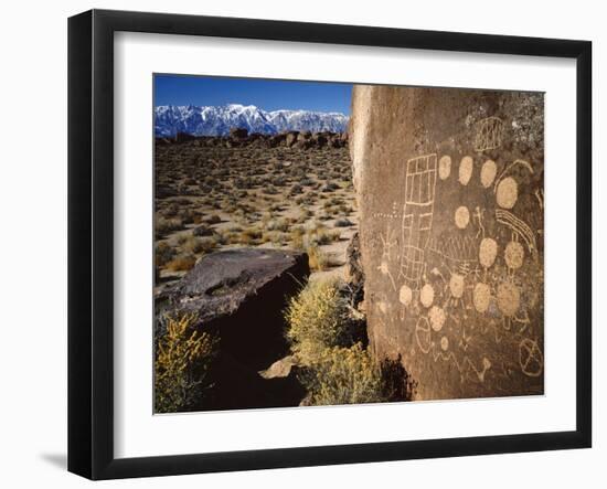 Curvilinear Abstract-Style Petroglyphs and Eastern Sierra Mountains, Bishop, California, Usa-Dennis Flaherty-Framed Photographic Print