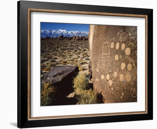 Curvilinear Abstract-Style Petroglyphs and Eastern Sierra Mountains, Bishop, California, Usa-Dennis Flaherty-Framed Photographic Print