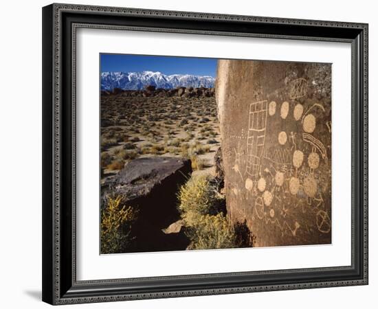 Curvilinear Abstract-Style Petroglyphs and Eastern Sierra Mountains, Bishop, California, Usa-Dennis Flaherty-Framed Photographic Print