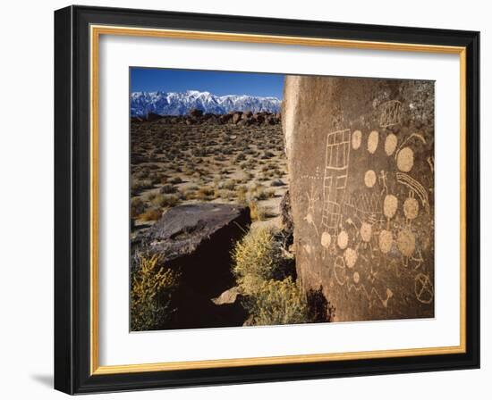 Curvilinear Abstract-Style Petroglyphs and Eastern Sierra Mountains, Bishop, California, Usa-Dennis Flaherty-Framed Photographic Print