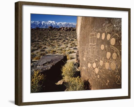 Curvilinear Abstract-Style Petroglyphs and Eastern Sierra Mountains, Bishop, California, Usa-Dennis Flaherty-Framed Photographic Print