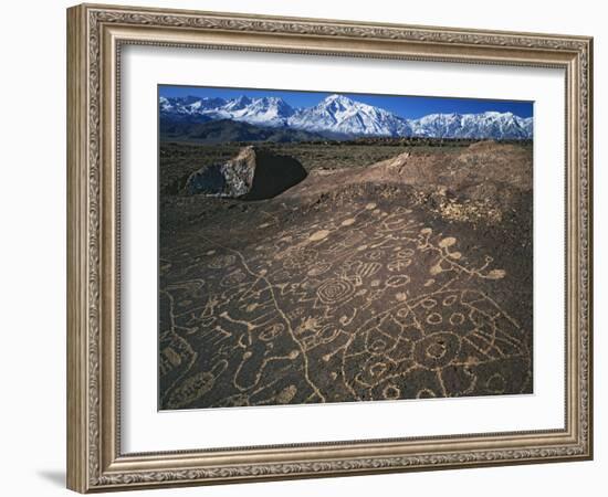 Curvilinear Abstract-Style Petroglyphs and Eastern Sierra Mountains, Bishop, California, Usa-Dennis Flaherty-Framed Photographic Print