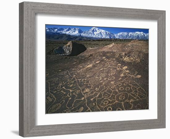 Curvilinear Abstract-Style Petroglyphs and Eastern Sierra Mountains, Bishop, California, Usa-Dennis Flaherty-Framed Photographic Print