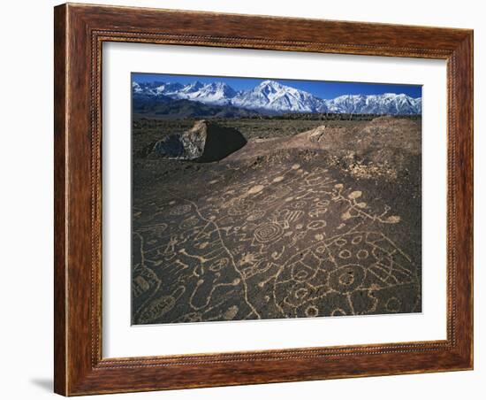 Curvilinear Abstract-Style Petroglyphs and Eastern Sierra Mountains, Bishop, California, Usa-Dennis Flaherty-Framed Photographic Print