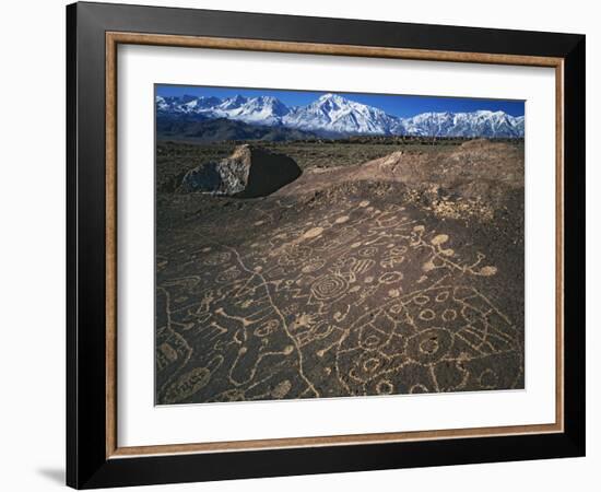 Curvilinear Abstract-Style Petroglyphs and Eastern Sierra Mountains, Bishop, California, Usa-Dennis Flaherty-Framed Photographic Print