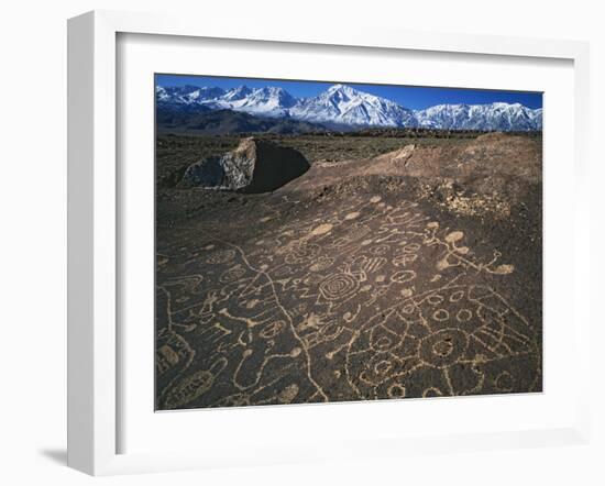 Curvilinear Abstract-Style Petroglyphs and Eastern Sierra Mountains, Bishop, California, Usa-Dennis Flaherty-Framed Photographic Print