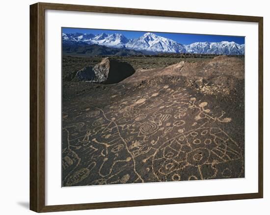 Curvilinear Abstract-Style Petroglyphs and Eastern Sierra Mountains, Bishop, California, Usa-Dennis Flaherty-Framed Photographic Print