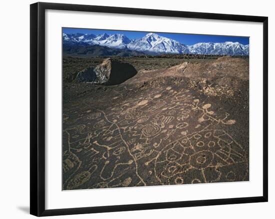 Curvilinear Abstract-Style Petroglyphs and Eastern Sierra Mountains, Bishop, California, Usa-Dennis Flaherty-Framed Photographic Print