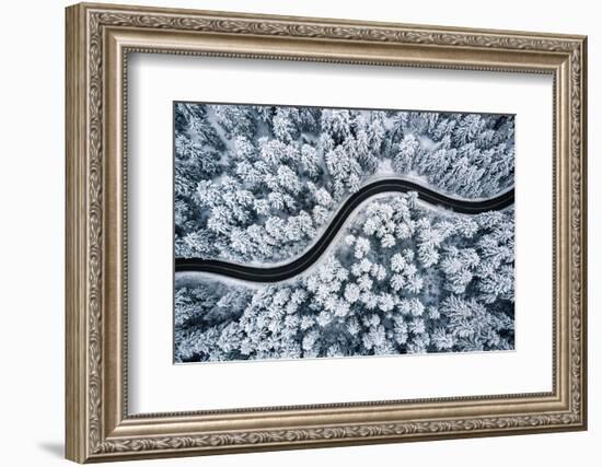 Curvy Windy Road in Snow Covered Forest, Top down Aerial View.-null-Framed Photographic Print