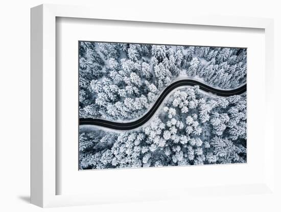 Curvy Windy Road in Snow Covered Forest, Top down Aerial View.-null-Framed Photographic Print