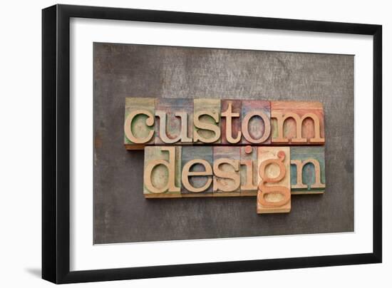 Custom Design - Text in Vintage Letterpress Wood Type against Grunge Metal Surface-PixelsAway-Framed Art Print