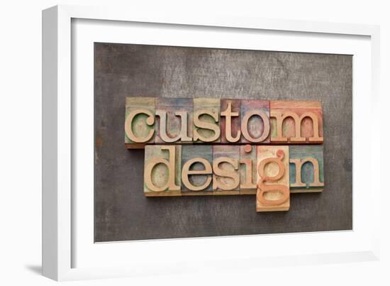 Custom Design - Text in Vintage Letterpress Wood Type against Grunge Metal Surface-PixelsAway-Framed Art Print