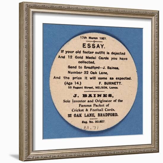 Customer Letter on Reverse of a Baines' Football Card-null-Framed Giclee Print