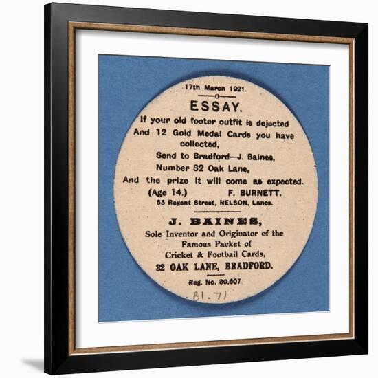Customer Letter on Reverse of a Baines' Football Card-null-Framed Giclee Print