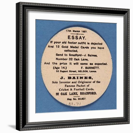 Customer Letter on Reverse of a Baines' Football Card-null-Framed Giclee Print