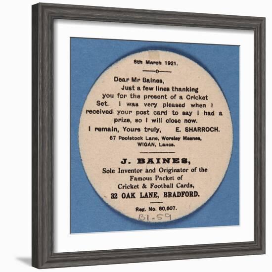 Customer Letter on Reverse of a Baines' Football Card-null-Framed Giclee Print