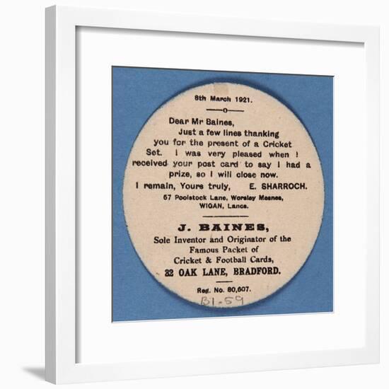 Customer Letter on Reverse of a Baines' Football Card-null-Framed Giclee Print