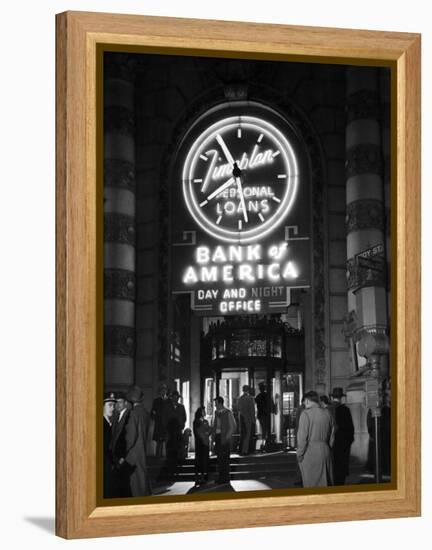 Customers Standing in Front of a Branch of Bank of America, Open from 10 to 10, Six Days a Week-J^ R^ Eyerman-Framed Premier Image Canvas