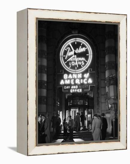 Customers Standing in Front of a Branch of Bank of America, Open from 10 to 10, Six Days a Week-J^ R^ Eyerman-Framed Premier Image Canvas