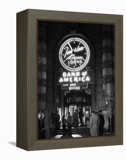Customers Standing in Front of a Branch of Bank of America, Open from 10 to 10, Six Days a Week-J^ R^ Eyerman-Framed Premier Image Canvas