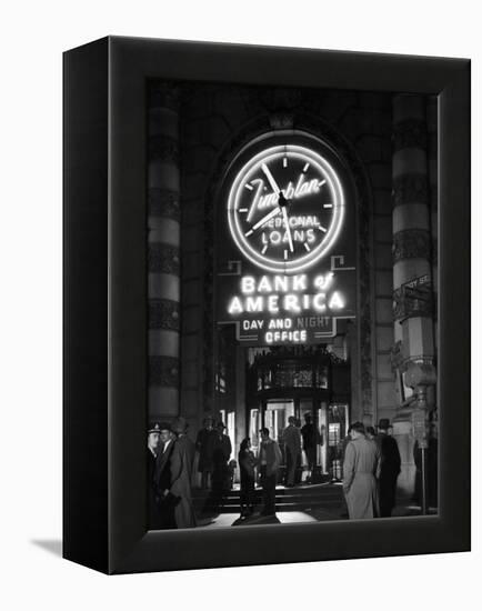 Customers Standing in Front of a Branch of Bank of America, Open from 10 to 10, Six Days a Week-J^ R^ Eyerman-Framed Premier Image Canvas