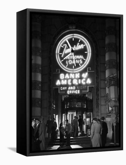 Customers Standing in Front of a Branch of Bank of America, Open from 10 to 10, Six Days a Week-J^ R^ Eyerman-Framed Premier Image Canvas