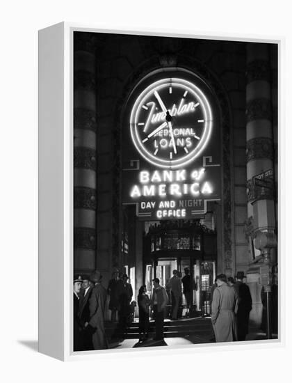 Customers Standing in Front of a Branch of Bank of America, Open from 10 to 10, Six Days a Week-J^ R^ Eyerman-Framed Premier Image Canvas