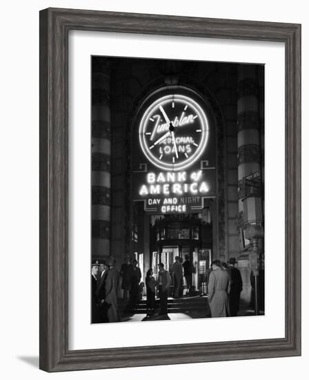 Customers Standing in Front of a Branch of Bank of America, Open from 10 to 10, Six Days a Week-J^ R^ Eyerman-Framed Photographic Print