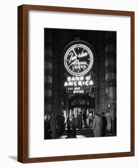 Customers Standing in Front of a Branch of Bank of America, Open from 10 to 10, Six Days a Week-J^ R^ Eyerman-Framed Photographic Print