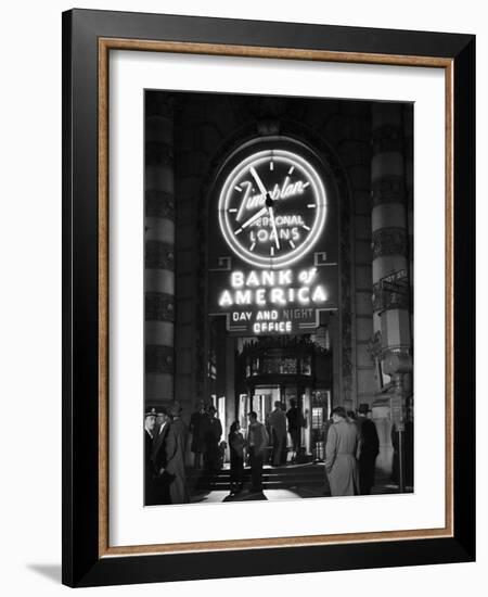 Customers Standing in Front of a Branch of Bank of America, Open from 10 to 10, Six Days a Week-J. R. Eyerman-Framed Photographic Print