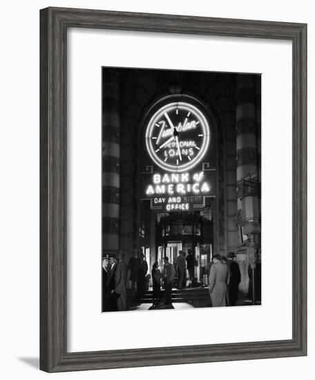 Customers Standing in Front of a Branch of Bank of America, Open from 10 to 10, Six Days a Week-J^ R^ Eyerman-Framed Photographic Print