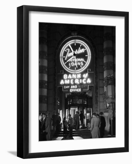 Customers Standing in Front of a Branch of Bank of America, Open from 10 to 10, Six Days a Week-J. R. Eyerman-Framed Photographic Print