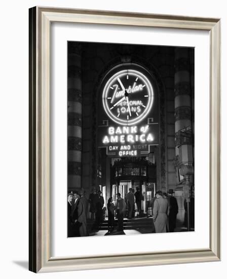 Customers Standing in Front of a Branch of Bank of America, Open from 10 to 10, Six Days a Week-J^ R^ Eyerman-Framed Photographic Print