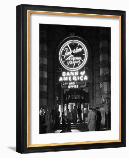 Customers Standing in Front of a Branch of Bank of America, Open from 10 to 10, Six Days a Week-J^ R^ Eyerman-Framed Photographic Print