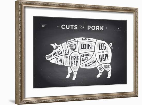 Cut of Meat Set. Poster Butcher Diagram, Scheme and Guide - Pork. Vintage Typographic Hand-Drawn On-Forest Foxy-Framed Art Print