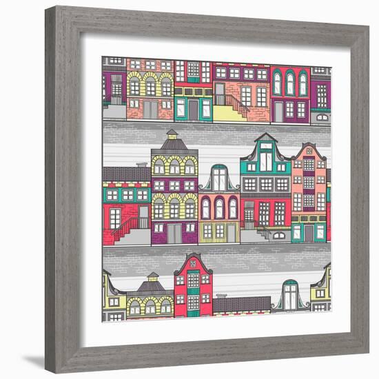 Cute Amsterdam Houses Seamless Pattern-cherry blossom girl-Framed Art Print