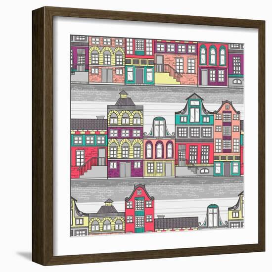 Cute Amsterdam Houses Seamless Pattern-cherry blossom girl-Framed Art Print