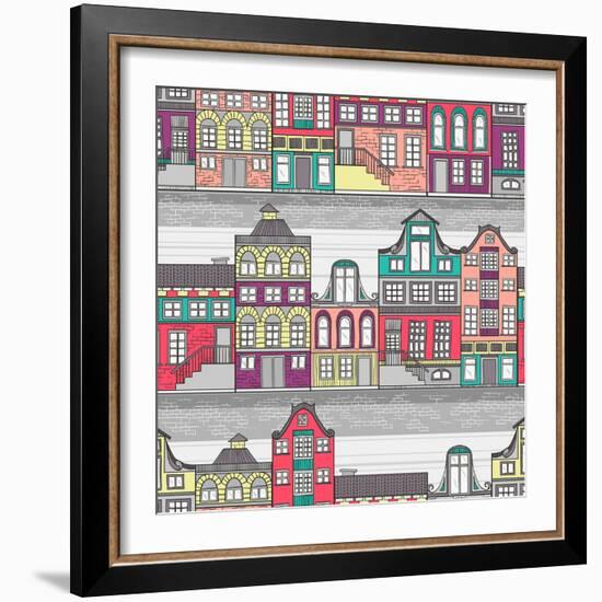 Cute Amsterdam Houses Seamless Pattern-cherry blossom girl-Framed Art Print