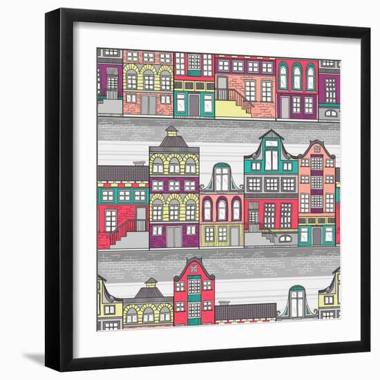 Cute Amsterdam Houses Seamless Pattern-cherry blossom girl-Framed Art Print