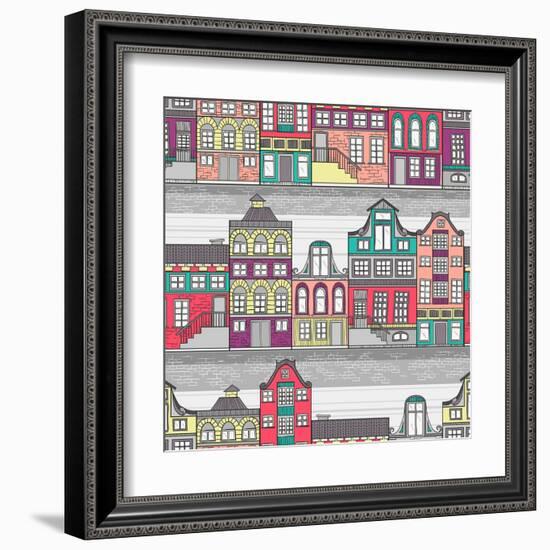 Cute Amsterdam Houses Seamless Pattern-cherry blossom girl-Framed Art Print