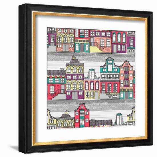 Cute Amsterdam Houses Seamless Pattern-cherry blossom girl-Framed Art Print