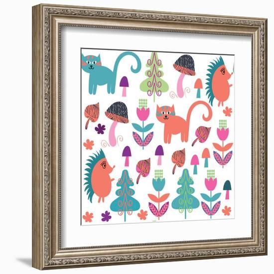 Cute Animals Seamless Pattern with Cats and Hedgehogs and Seamless Pattern in Swatch Menu, Vector-Luiza Kozich-Framed Art Print