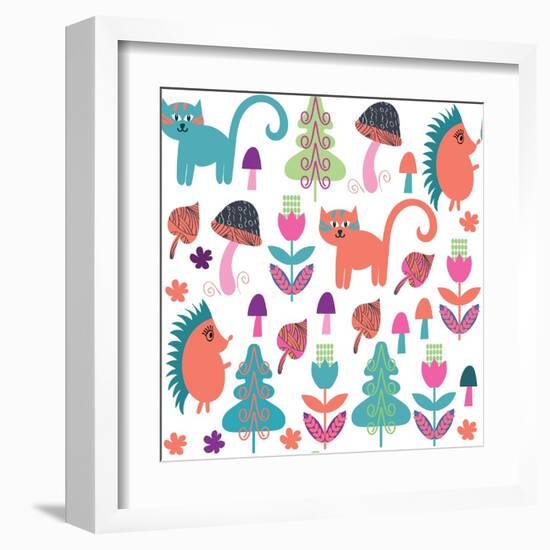 Cute Animals Seamless Pattern with Cats and Hedgehogs and Seamless Pattern in Swatch Menu, Vector-Luiza Kozich-Framed Art Print