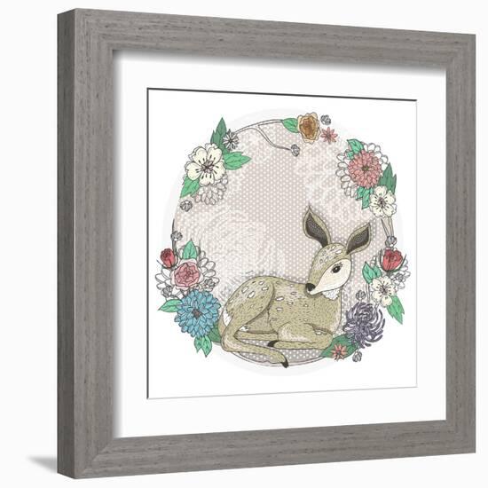 Cute Baby Deer and Flowers Frame.-cherry blossom girl-Framed Art Print